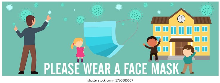Welcome now school open keep social distance and use face mask. Vector.Welcome we're open.Can be used for businesses to show they are still open during the coronavirus pandemic. back to school.