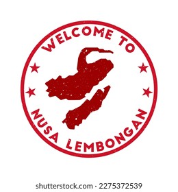 Welcome to Nusa Lembongan stamp. Grunge island round stamp with texture in Super Rose Red color theme. Vintage style geometric Nusa Lembongan seal. Appealing vector illustration.