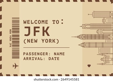 Welcome to NYC, New York USA card template. Vector vintage style postcard illustration with airport code, skyline, flight info. Boarding pass, luggage tag style s image layout