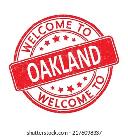 Welcome to Oakland. Impression of a round stamp with a scuff. Flat style