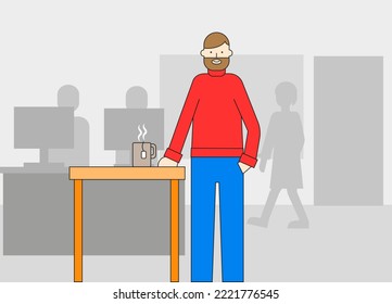 Bienvenido a la oficina. Hombre con una taza de té.