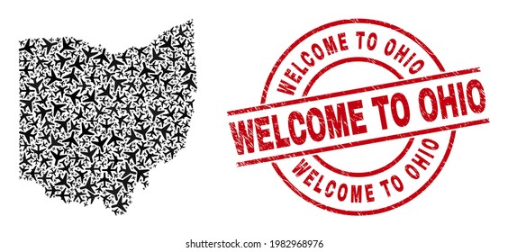 Welcome to Ohio grunge badge, and Ohio State map collage of airliner items. Collage Ohio State map designed from aviation items. Red imprint with Welcome to Ohio tag, and grunge rubber texture.