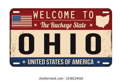 Welcome to Ohio vintage rusty license plate on a white background, vector illustration