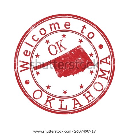 Welcome to Oklahoma. A worn stamp with a silhouette of the state and an abbreviated designation. Print impression, a template for creative design
