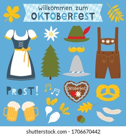 Bienvenidos al Oktoberfest (festival de la cerveza), texto en alemán, elementos de diseño aislados vectoriales y decoración.  "Protesta" es "¡Salud!" en alemán