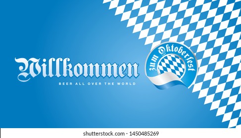 Welcome to Oktoberfest (German language - Willkommen zum Oktoberfest) calligraphic lettering logo blue white background banner