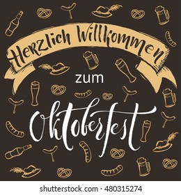 Welcome to Oktoberfest in german. Vector hand written brush pen calligraphy text. Cute isolated letters on traditional cultural pattern.