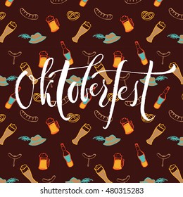 Welcome to Oktoberfest in german. Vector hand written brush pen calligraphy text. Cute isolated letters on traditional cultural pattern.