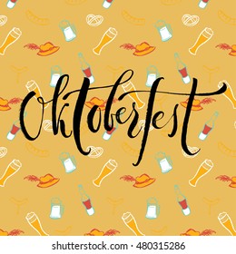 Welcome to Oktoberfest in german. Vector hand written brush pen calligraphy text. Cute isolated letters on traditional cultural pattern.