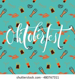 Welcome to Oktoberfest in german. Vector hand written brush pen calligraphy text. Cute isolated letters on traditional cultural pattern.