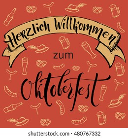 Welcome to Oktoberfest in german. Vector hand written brush pen calligraphy text. Cute isolated letters on traditional cultural pattern.