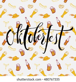 Welcome to Oktoberfest in german. Vector hand written brush pen calligraphy text. Cute isolated letters on traditional cultural pattern.