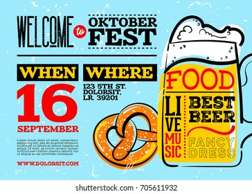 Welcome to Oktoberfest Poster. Horizontal or Landscape Orientation. Vector Hand Drawn Beer Mug and Pretzel with Lettering on Blue Old Grunge Retro Texture. Octoberfest Placard Design.