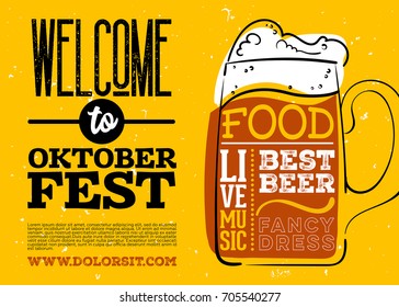 Welcome to Oktoberfest Poster. Vector Hand Drawn Beer Mug with Lettering on Yellow Old Grunge Vintage Texture. Banner for Bavarian Holiday, Fest, Flyer. Octoberfest Celebration Design.