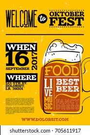 Welcome To Oktoberfest Poster. Vertical Or Portrait Orientation. Vector Hand Drawn Beer Mug With Lettering On Yellow Grunge Retro Texture. Placard For Bavarian Event, Fest, Flyer. Octoberfest Design.