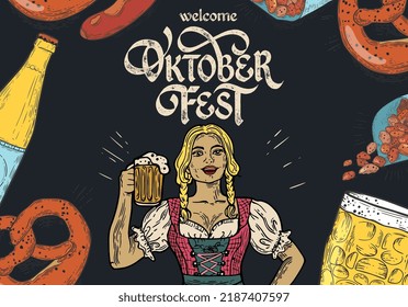 Bienvenido al Oktoberfest. Afiche vectorial con una chica vestida con un vestido festivo tradicional con una taza de cerveza en la mano.