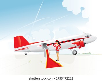 Welcome on board concept with old Douglas passenger plane standing on runway and flight attendant invites you for boarding, vector illustration