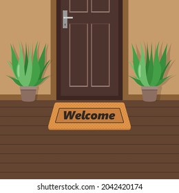 Welcome on the Mat doormat before a door. Vector illustration