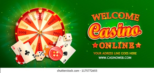 Welcome online casino banner with gambling design elements such as poker cards, playing dice, chips and fortune wheel. Invitation poster template on shiny background. Vector illustration.