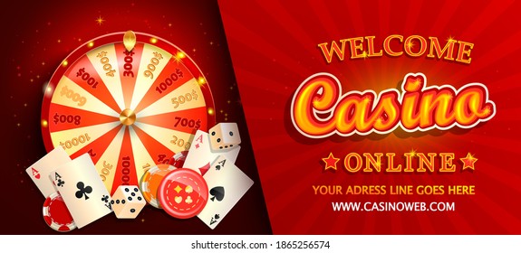 Welcome online casino gorizontal banner with poker cards, playing dice, chips, fortune wheel and other gambling design elements. Invitation poster template on shiny background.Vector illustration.