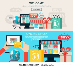 Welcome online shop or web market and buy online flat color horizontal banner set isolated vector illustration 