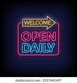 welcome open daily neon sign vector with brick wall background 