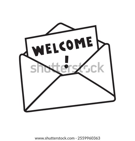 Welcome! Open envelope. Outline design. Vector hand drawn illustration on white background. 