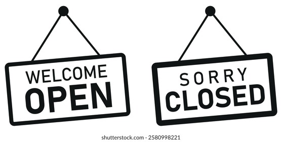 Welcome Open and Sorry Closed hanging door sign vector set