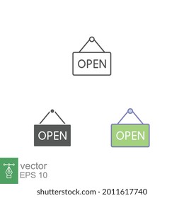 icono de la tienda abierta de bienvenida. Abre la etiqueta de la puerta para el anuncio de mercado. publicidad de apertura de tiendas. Información colgante a bordo, sólido, relleno, estilo de línea. Diseño de la ilustración del vector sobre fondo blanco EPS 10