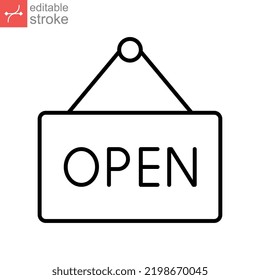 welcome open store icon. Open the door tag for market notice. store opening advertising. Hanging information onboard, line style Editable stroke Vector illustration design on white background EPS 10