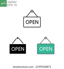 icono de la tienda abierta de bienvenida. Abre la etiqueta de la puerta para el anuncio de mercado. publicidad de apertura de tiendas. Información colgante a bordo, sólido, relleno, estilo de línea. Diseño de la ilustración del vector sobre fondo blanco EPS 10