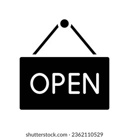 icono de la tienda abierta de bienvenida. Abre la etiqueta de puerta para el símbolo de aviso de mercado. anuncio de apertura de tienda. Colgando información a bordo, estilo sólido. Diseño de ilustración vectorial en fondo blanco. EPS 10