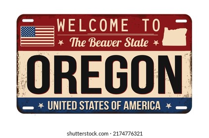 Welcome to Oregon vintage rusty license plate on a white background, vector illustration