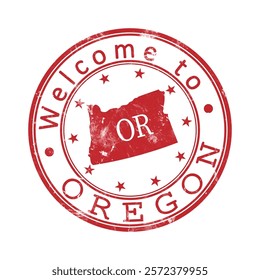 Welcome to Oregon. A worn stamp with a silhouette of the state and an abbreviated designation. Print impression, a template for creative design