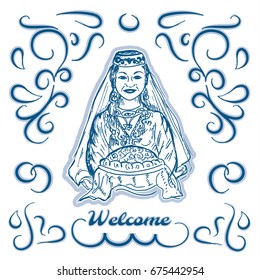 Welcome. Oriental Beauty presents bread and salt. Vector hand drawn illustration.