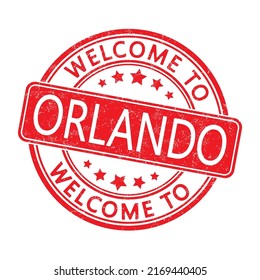 Bienvenidos a Orlando. Impresión de un sello redondo con una escoria. Estilo plano