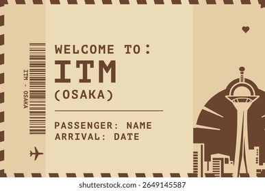 Welcome to Osaka, Japan card template. Vector vintage style postcard illustration with airport code, skyline, flight info. Boarding pass, luggage tag style s image layout
