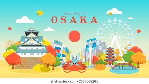 Welcome to Osaka Japan vector illustration. Beautiful Osaka landmark in Autumn