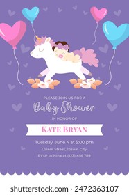 Welcome to our Baby Girl Shower card featuring a cute baby girl on a whimsical unicorn, surrounded by enchanting details and pastel colors for a magical touch.