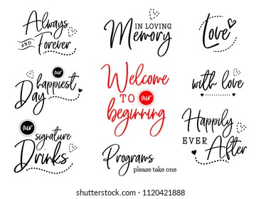 Welcome to our beginning. Always and forever. Happily ever after. Wedding typography design. Groom and bride marriage quote with heart. Vector  lettering phrase. Calligraphy for couple. Love phrase.