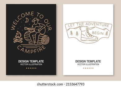 Welcome to our campfire. Let the adventure begin. Sammer camp. Vector illustration. Set of Line art flyer, brochure, banner, poster with hiking boots, mountains, campfire and man with guitar.