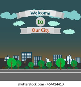 Welcome to our city template. Flat design vector illustration.