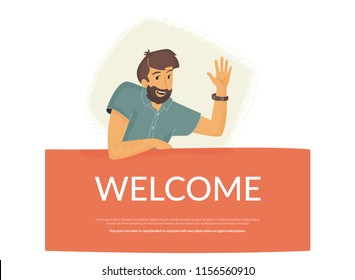 Welcome to our community. Flat vector illustration of smiling friendly man sitting on banner and waving his hand to greet new user or colleague. Modern design for website greeting and landing page