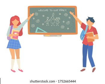 Welcome to our Family. Male and female students standing near blackboard with chalk drawing isolated on white. Back to School banner vector illustration