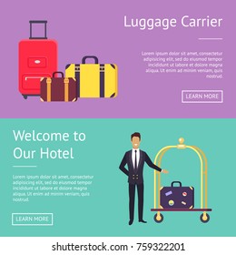 Welcome to our hotel and luggage carrier web page design with baggage and bellman greeting guest of site. Vector illustration with space for text and buttons