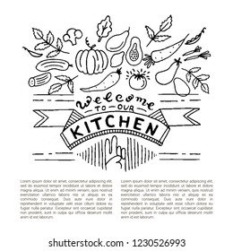 Welcome to our kitchen design concept. Hand lettering phrase. Black and white.