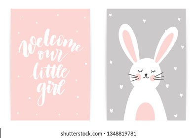 Welcome our little girl. Child's gently pink gray poster with a bunny and lettering composition.