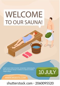 Welcome to our sauna advertising poster. Man with green broom, girl lie on wooden bench in bath. Heat therapy, relaxation and rest. People relax and steam in traditional russian banya or finnish sauna