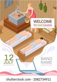 Welcome to our sauna advertising poster. Woman pours hot stones in stove from bucket in sauna. Heat therapy, relaxation and rest. Men relax and steam in traditional finnish sauna, wellness procedure