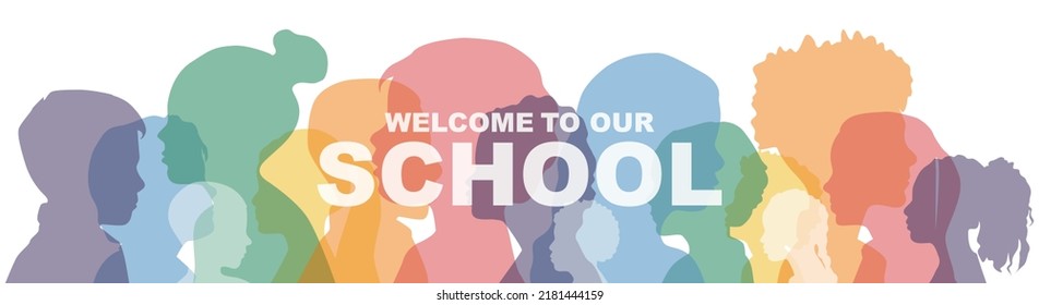 Welcome To Our School banner. Children stand side by side together. Flat vector illustration.